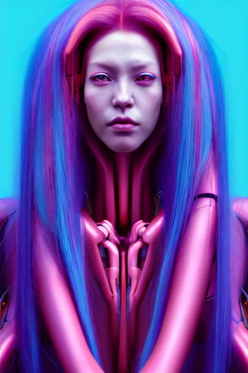 Image similar to a portrait of a beautiful young 28th century super cool post-human female wiht long colorful hair, barely human and largely biomechanical machine, hyper-realistic cyberpunk style, face by Yanjun Cheng, Irakli Nadar, design by Niel Blevins, Takayuki Takeya moody, models by 500px, dramatic cinematic lighting rendered by octane, 8k, detailed, intricate, clean and textures, trending on artstation, deviantart google images, pinterest