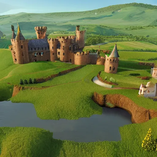 Image similar to a beautiful landscape with a couple of castles in a couple of farms next to the castle interact with the lighting super duper hyper - realistic