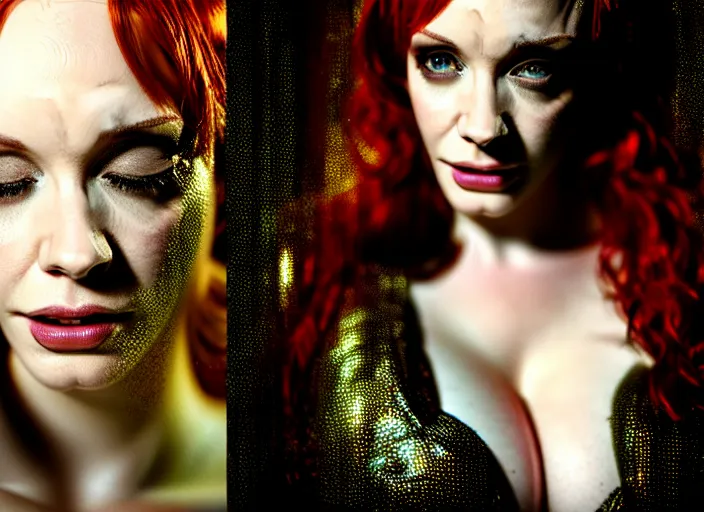 Image similar to portrait shot of christina hendricks in cyberpunk clothed, shiny skin, wet, oily, intricate, elegant, highly detailed, centered, zeiss lens, canon eos, cinematic lighting, photography, film still