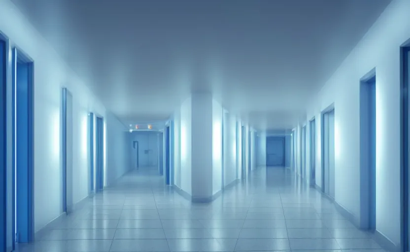 Image similar to an hallway in hospital with soft blue lights in the roof, octane render, artstation trending, highly detailded