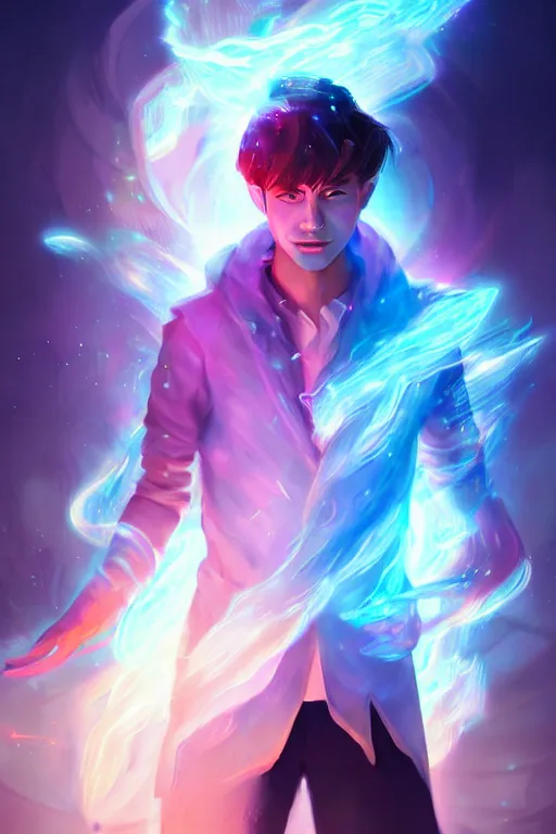 Image similar to a human elemental sorcerer, blurred environment background, colorful magic effects, white skin, portrait, male, sharp focus, digital art, concept art, dynamic lighting, by emylie boivin and rossdraws