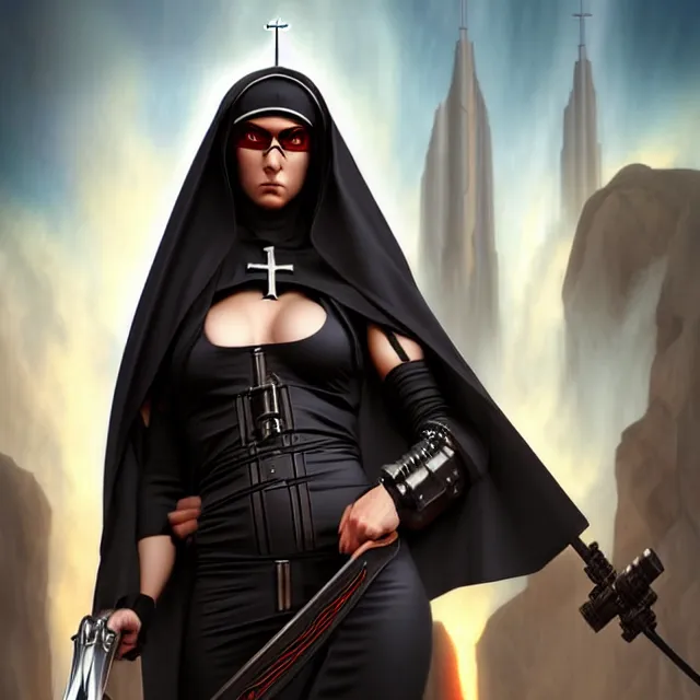 Image similar to cyberpunk nun warrior artgerm anne stokes highly detailed 8 k hdr smooth sharp focus high resolution award - winning photo photorealistic