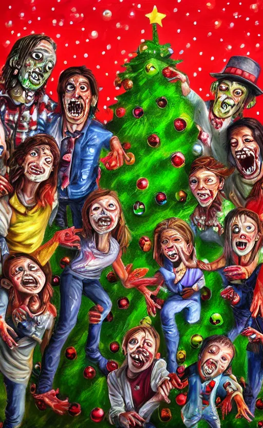 Prompt: beautiful detailed photorealistic painting of a group of friends dressed as zombies standing around a christmas tree, smiling and holding hands. the friends are happy and having fun. vibrant, high quality, vibrant colors, very funny, beautiful, hq. hd. 4 k. award winning. trending on artstation