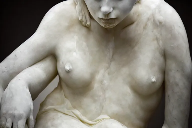 Image similar to a sculpture of a beautiful woman sitting on a chair, a white marble sculpture covered with floating wax by nicola samori, behance, neo - expressionism, marble sculpture, apocalypse art, made of mist