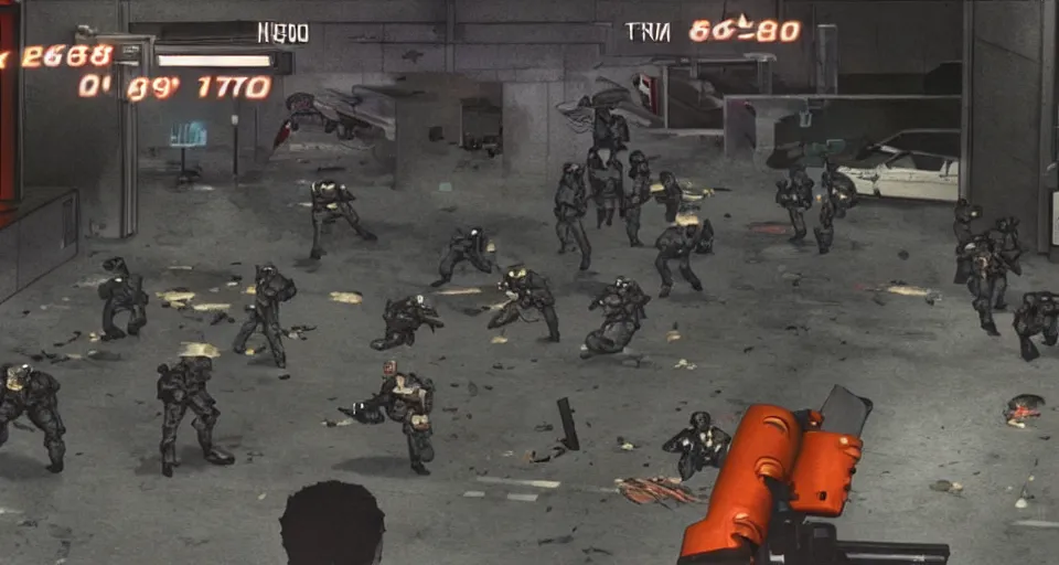 Prompt: 1988 Video Game Screenshot of Neo-tokyo Cyborg bank robbers vs police, Set inside of Parking Garage, Dark, Multiplayer set-piece Ambush, Tactical Squads :10, Police officers under heavy fire, Suppressive fire, Pinned down, Destructible Environments, Gunshots, Headshot, Bullet Holes and Anime Blood Splatter, :10 Gas Grenades, Riot Shields, MP5, AK45, MP7, P90, Chaos, Anime Machine Gun Fire, Gunplay, Shootout, :14 FLCL + Jet Grind Radio, Cel-Shaded:17, Created by Katsuhiro Otomo + Studio Gainax + Trending on Artstation: 20