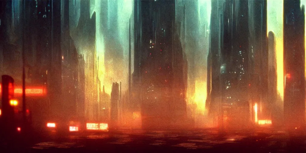 Prompt: 3 5 mm atmospheric dusk urban photographic landscape of dystopian blade runner 1 9 8 2 city, matte painting, cinematic composition, futuristic dystopian megacity endless various mega - skyscrapers endlessly rising into the horizon, falling acid rain, neon, dramatic cinematography 3 5 mm