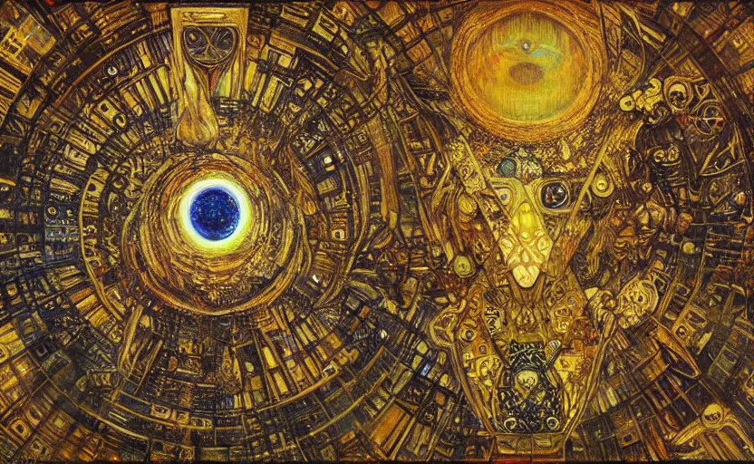 Image similar to Brutalist architecture building, Divine Chaos Engine by Karol Bak, Jean Deville, Gustav Klimt, and Vincent Van Gogh, sacred geometry, visionary, mystic, spiritual, fractal structures, ornate gilded medieval icon, third eye, spirals