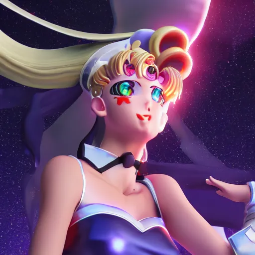 Image similar to super sailor moon vs absolute evil extreme details volumetric lighting epic dramatic realistic unreal engine render