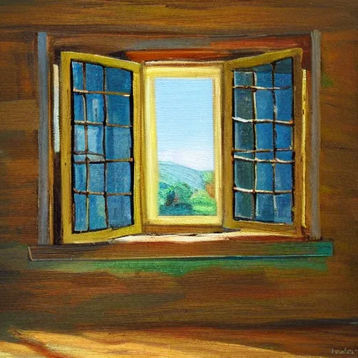 Prompt: oil painting of mostly empty cottage with one window. artistic. cozy. wooden floor. rustic