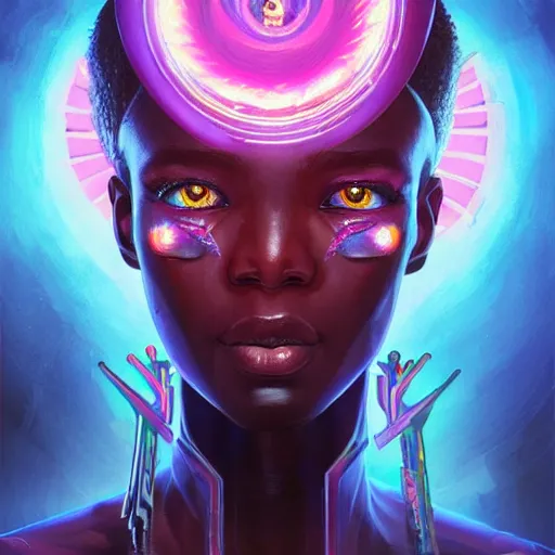 Prompt: african neon necromancer, science fiction, highly detailed, digital painting, beautiful eyes, symmetry, concept art, sharp focus, illustration, global illumination, radiant light, synthwave colors, detailed and intricate environment, art by artgerm and greg rutkowski and magali villeneuve and ilya kuvshinov!