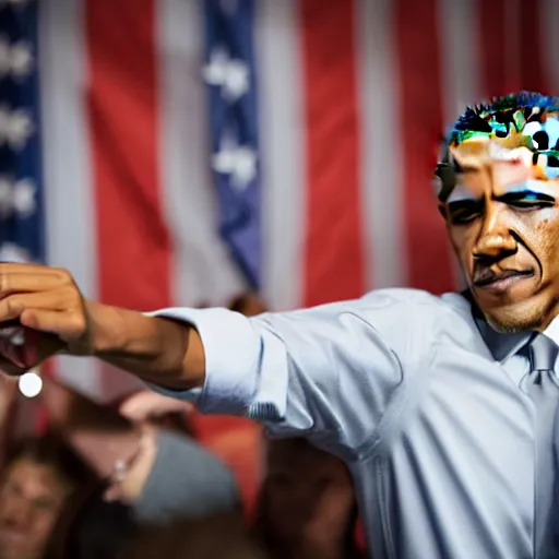 Prompt: professional photograph of president barack Obama DJing a party while wearing headphones, realistic, stock photo, 4K, professional journalistic photography, Getty images.