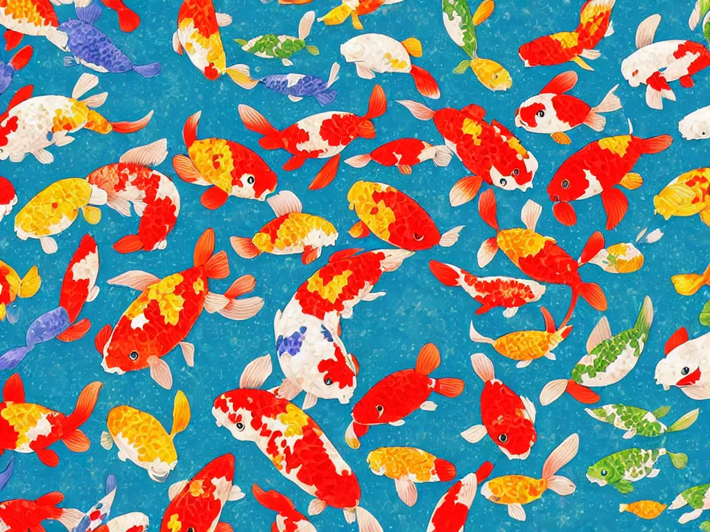 Image similar to colorful koi carp collage illustration pattern, tiny, small, miniature, short, cute and adorable, digital painting, highly detailed, intricate, elegant, artstation, concept art, colorful, beautiful, studio ghibli, aoshima chiho, takashi murakami, manga, cute and adorable