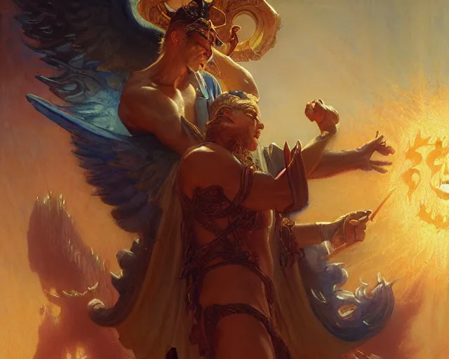 Image similar to attractive male deity, casting demonic magic, summoning handsome lucifer morning star. highly detailed painting by gaston bussiere, craig mullins, j. c. leyendecker 8 k