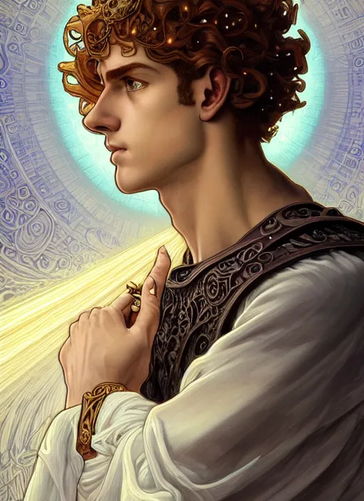 Image similar to the god hermes, young man, curly blond hair, glowing eyes, volumetric lights, cyan and white scheme, art nouveau botanicals, gothic, intricate, highly detailed, digital painting, artstation, concept art, smooth, sharp focus, symmetric face, illustration, steampunk, art by artgerm and greg rutkowski and alphonse mucha