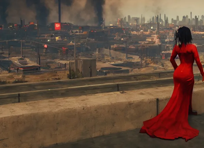 Image similar to mysterious sad rotten girl wrapped in smoke and a red dress is observing a big industrial city metropoli in the distance, cloudy sky, cyberpunk 2 0 7 7