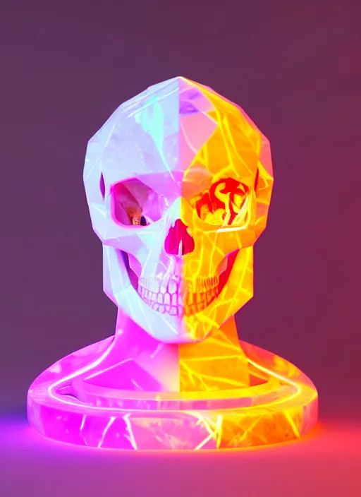 Prompt: photo of fullbodied baroque and bladerunner delicate neon diamond sculpture of seductive onyx albino marble prince kai harvatz dotado pink iridescent skull psychedelic, reclining, glowing magenta face, crown of white diamonds, cinematic lighting, photorealistic, octane render 8 k depth of field 3 d