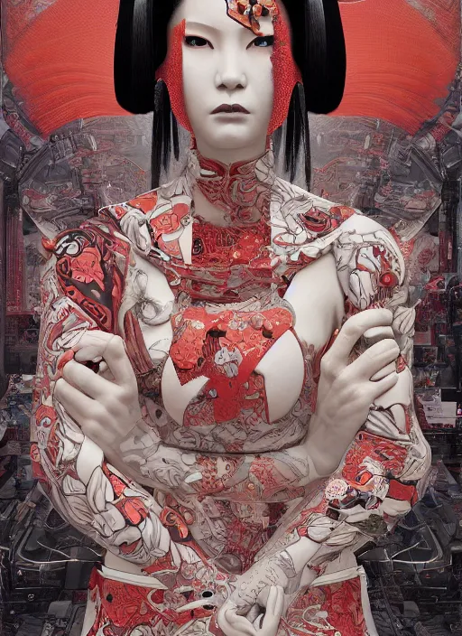 Image similar to portrait of a seductive cyberpunk geisha yakuza, imari, modern fine art, fractal, in the style of ex - machina, intricate ornaments, elegant, highly detailed, digital photography, subsurface scattering, by mc escher and greg rutkowski,