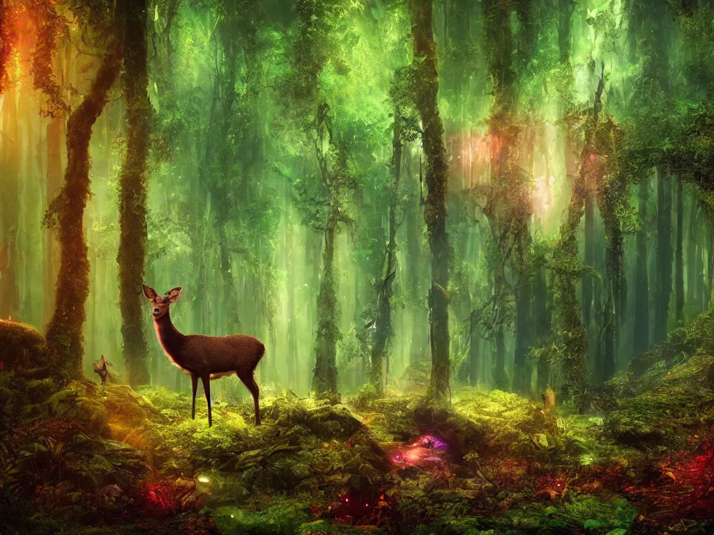 Prompt: a fantasy beautiful dense biorelevant rainforest setting, ultrawide angle, a deer made of bright neon ether light sparkle, cinematic lighting, extremely emotional, extremely dramatic, surround it with pixie dust ether floating in the air, hdr, epic scale, cmyk, deep spectrum color