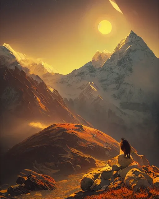 Image similar to white capybara at the peak of himalayas, surreal photography, sunrise dramatic light, impressionist painting, colorful clouds, digital painting, artstation, kilian eng, john harris, bastien lecouffe - deharme, simon stalenhag, flower face