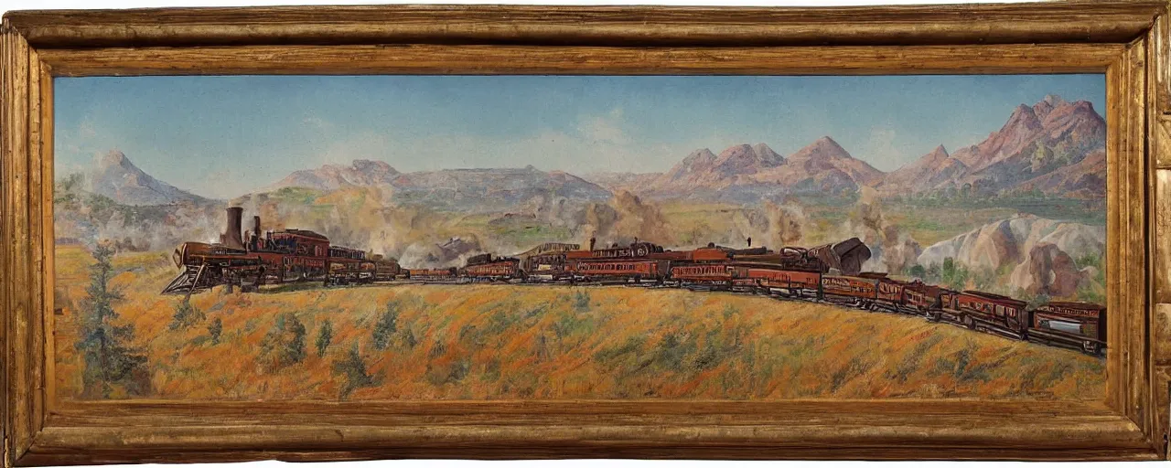 Image similar to western expansion painting, manifest destiny, USA, turn of the century, railroad