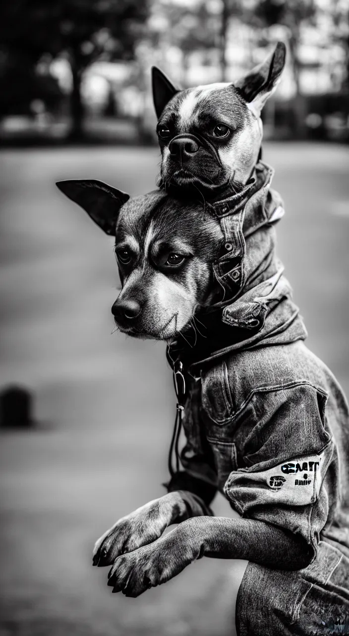 Prompt: fashion photography of a dog, wearing carhartt clothes, outside, streetwear, casual outfit, photo 3 5 mm leica, hyperdetail, 4 k, very detailed, black and white