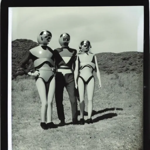 Image similar to polaroid photograph of horrorific extraterrestrial beings visiting earth, 1 9 5 0