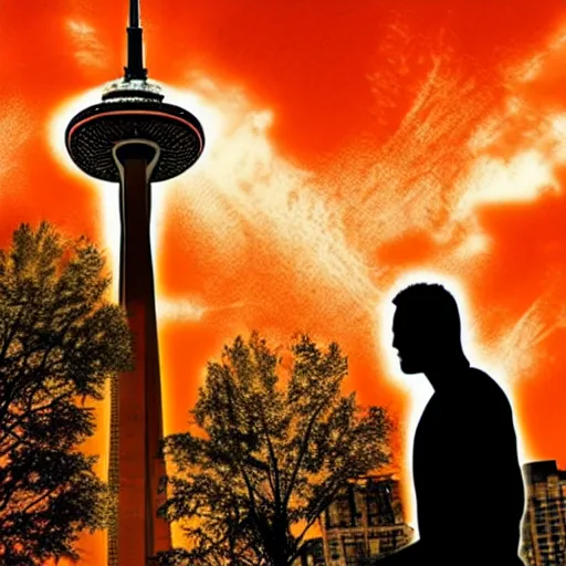 Image similar to man with mars for head in front of Toronto space needle, dramatic epic cinematic lighting, maple leaves and daggers background