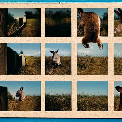 Image similar to a rabbit jumping up over a fence, film strip showing 9 stills in a grid