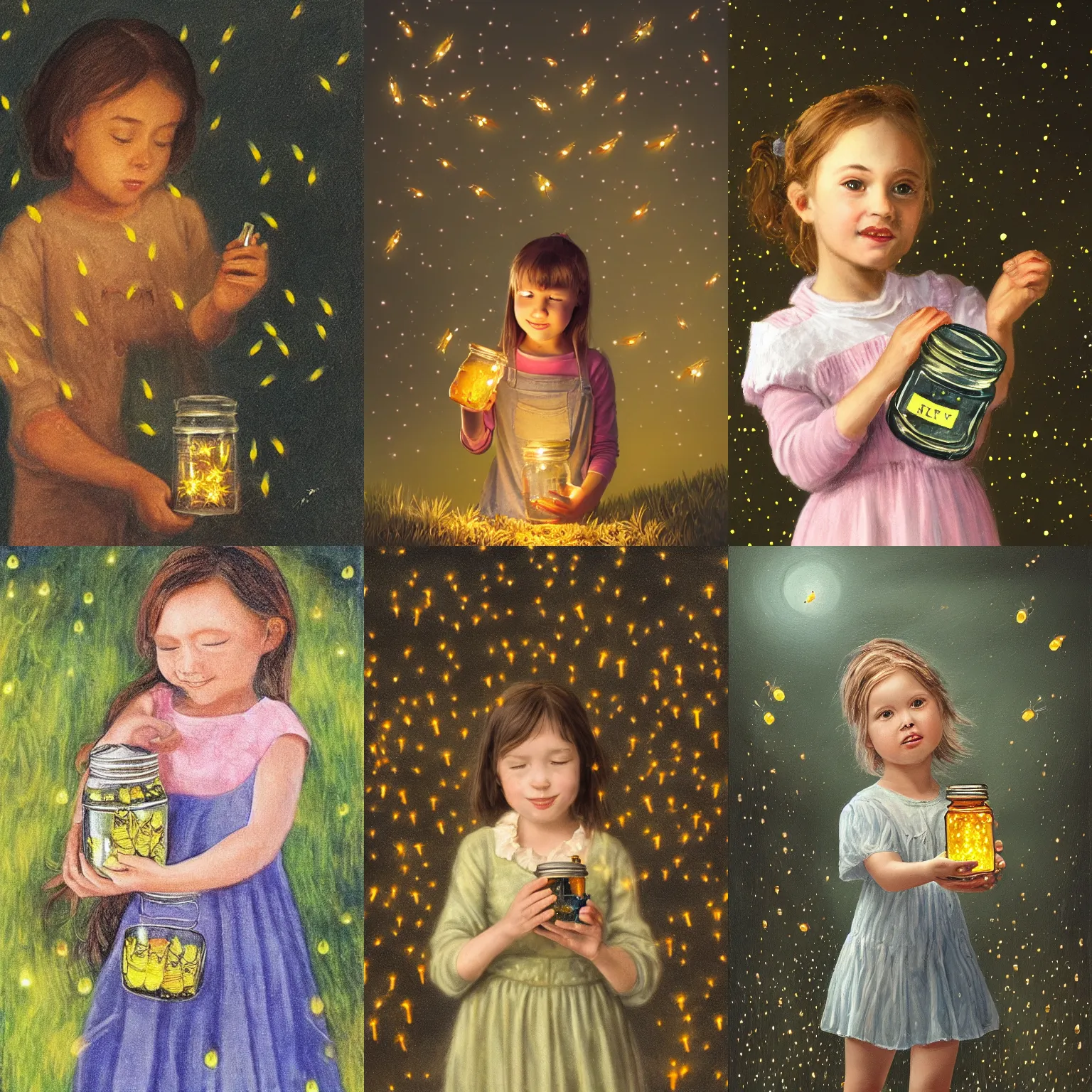 Prompt: little girl holding a jar full of fireflies, highly detailed,