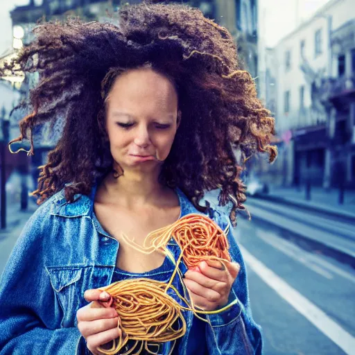 Image similar to a woman with spaghetti as hair, 8 k, 4 k, professional photography, award winning photo