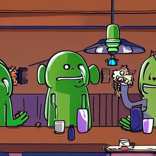 Prompt: assorted aliens hang out in a pub