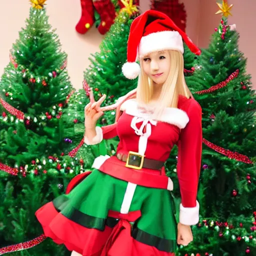 Image similar to christmas tree waifu, an anime girl dressed as a christmas tree