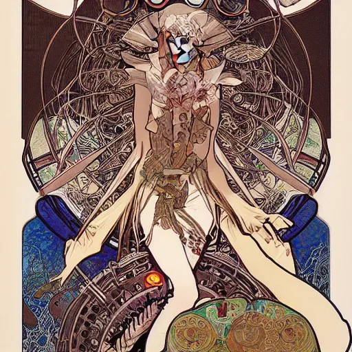 Image similar to alphonse mucha yoji shinkawa moebius jean girard shintaro kago junji ito esoteric hypnogogic ethereal ethereality dreamy combat mech dieselpunk incredible intricate machinery illusionary art and trash polka