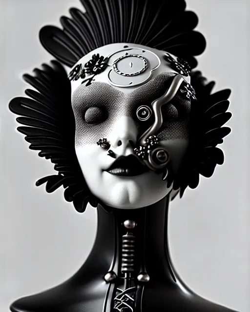 Image similar to black and white dreamy foggy poetic smoky profile face portrait, one silver steampunk realistic eye biomechanical beautiful angelic young female cyclope - cyborg - robot bust, body ribs meshes,, volumetric light, hibiscus flowers, by cecile beaton, rim light, big gothic fashion pearl embroidered collar, 8 k