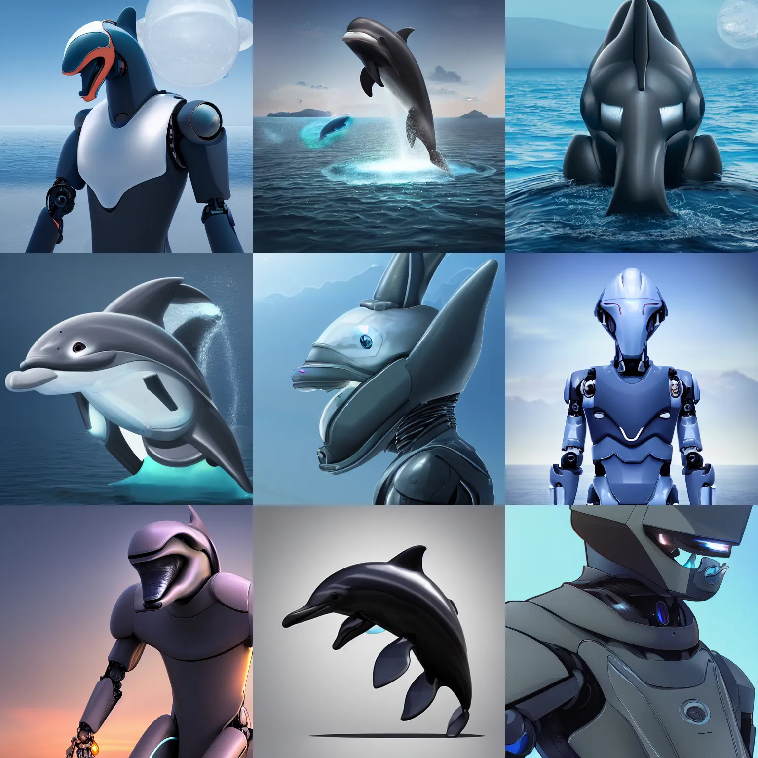 Prompt: robotic anthro dolphin, integrated synthetic cetacean hybrid android, dark opaque visor over top of face, short wide bulbous bottlenose snout extending from under visor, male, commission on furaffinity, cgsociety, octane render, sea in background