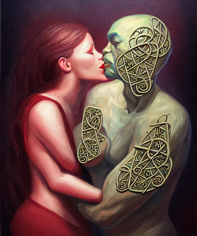 Prompt: a portrait painting titled the kiss, polycount, surrealism, surrealist, lovecraftian, cosmic horror, magic runes, high detail
