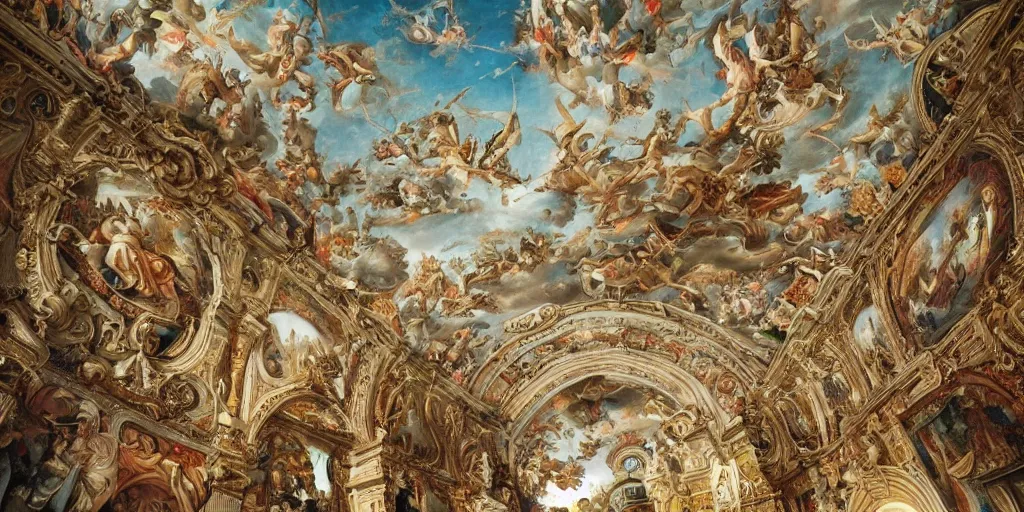 Prompt: beautiful!! ornate heavenly!! marble rococo megastructure in the style of heironymus bosch, colorful intricate masterpiece, hyper detailed, hd