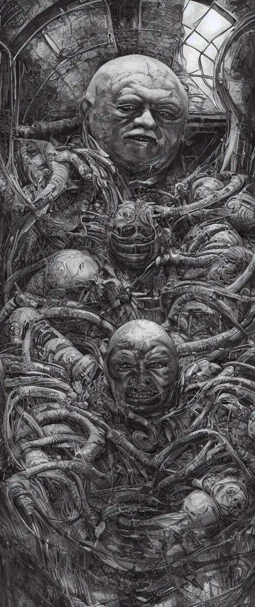 Image similar to baron harkonnen designed by hr giger junji ito moebius yasushi nirasawa, hdr, octane render, emerging from a black oil bath, 2 girds with red helmets, sanitarium type room with angular windows, sunset emoting through windows, volumetric lighting, photorealistic, 8 k