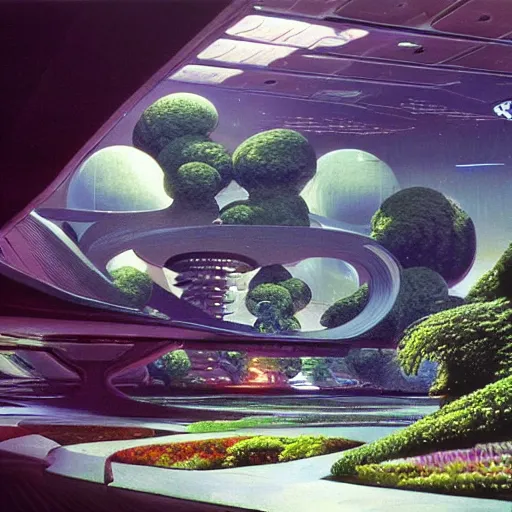 Image similar to beautiful matte painting of green gardens on a futuristic sci-fi space station, cinematic angle, cinematic lighting, by Syd Mead, John Harris, Federico Pelat