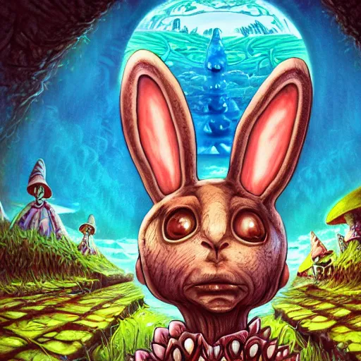 Image similar to 4 k headshot portrait of a psychedelic demonic anthropomorphic bunny rabbit with mushroom themed clothes, magic mushroom village in background by jeff easley, award winning, stylized neon, post - processing, masterpiece, superb resolution. in the art style of junji ito and greg rutkowski. detailed mushroom city in background. hyper realistic anime. perfect art. dalle 2