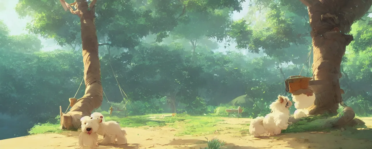 Image similar to a cream - colored havanese dog building a giant tree house next to a tropical beach, atey ghailan, goro fujita, studio ghibli, rim light, exquisite lighting, clear focus, very coherent,