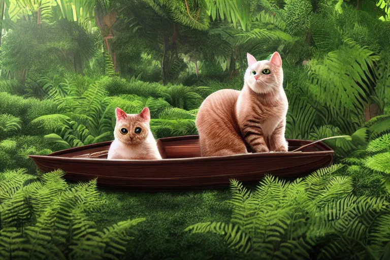 Prompt: cat in a boat, ferns, jungle, night, stars, highly detailed, unreal engine render concept art