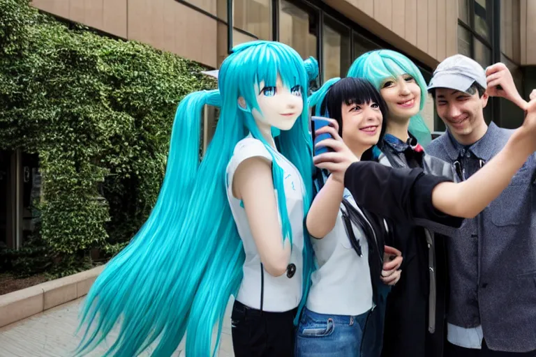 Prompt: two people taking a selfie with Hatsune miku outside of a hotel Scene from TV show 55mm