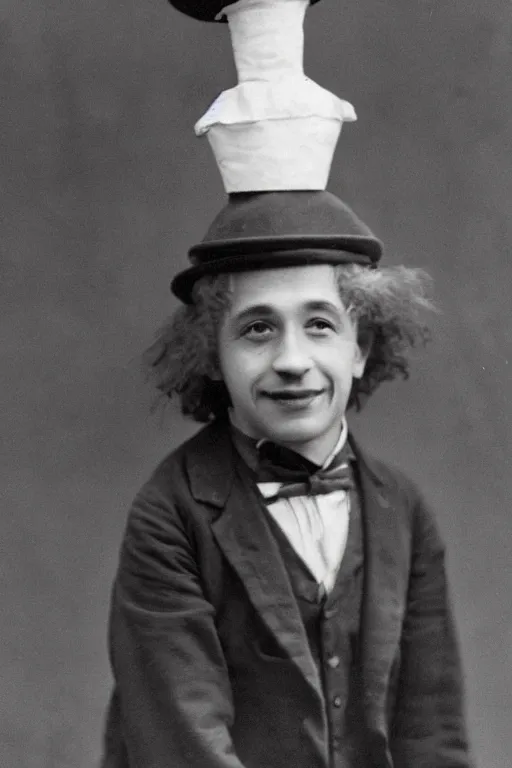 Image similar to Young Albert Einstein wearing a dunce cap, 1920's black and white photograph