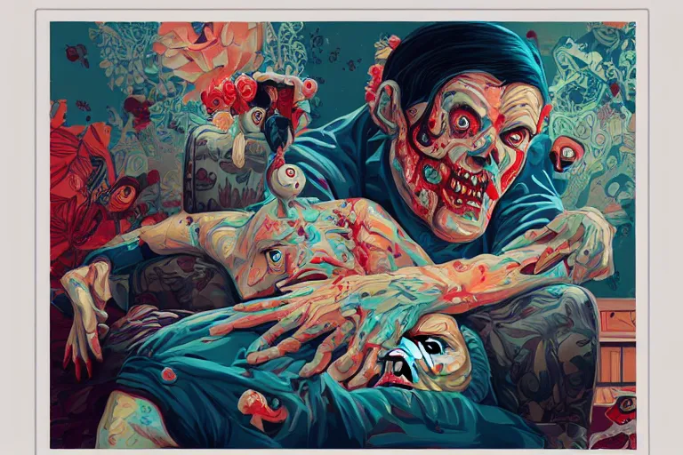 Image similar to a zombie dad on the couch, Tristan Eaton, victo ngai, artgerm, RHADS, ross draws