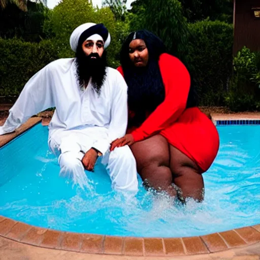 Image similar to osama bin laden and lizzo in a pool