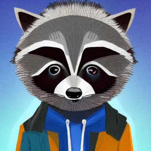 Image similar to anthropomorphic racoon, chibby, male, blue jacket