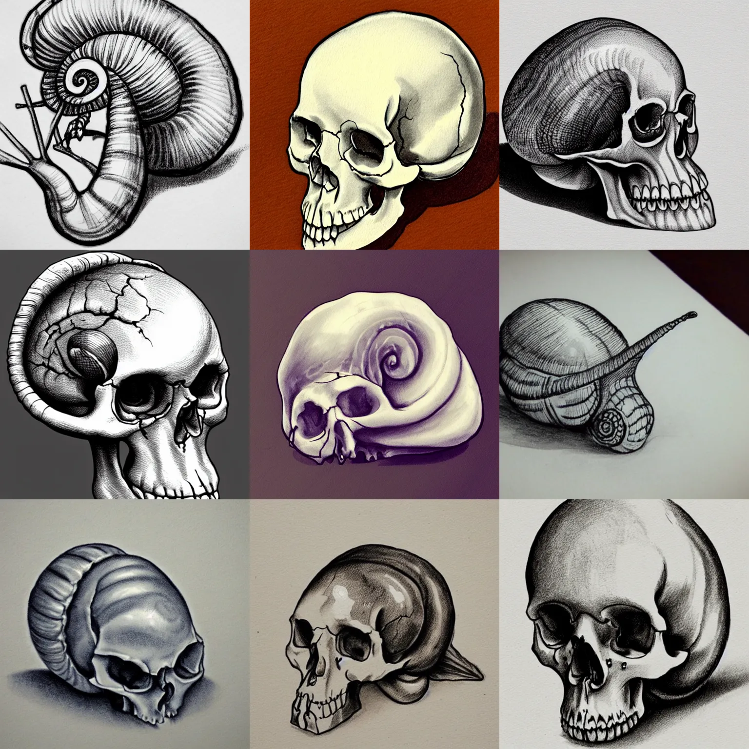 Prompt: snail!!! with human skull for shell, realism, intricate