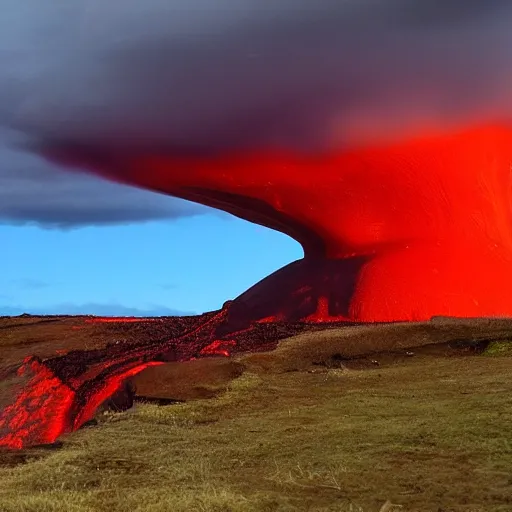 Image similar to a red sky and molten ground landscape, easter island heads are sinking in to the ground crumbling and seems to be fighting a storm or volcano