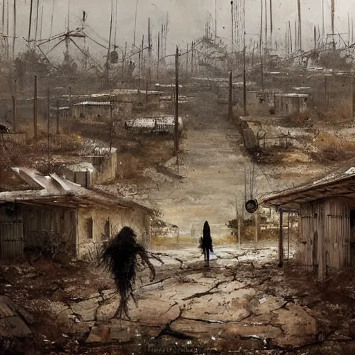 Image similar to painting of a abandoned post soviet town infested with humanoid root monsters by jakub rozalski